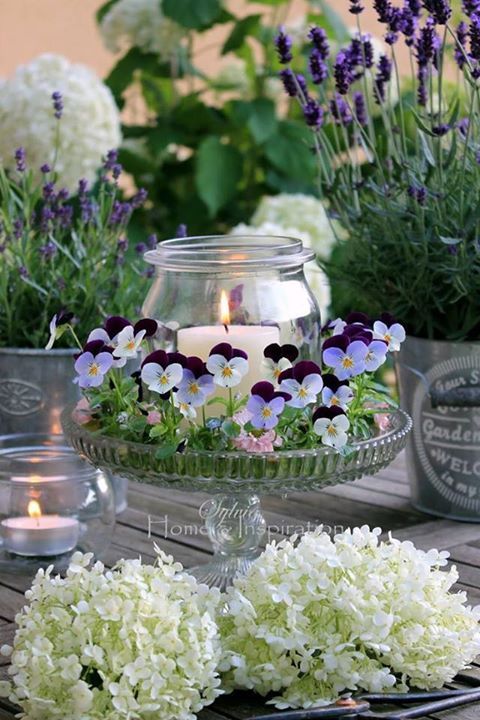 Use pansies and plant them weeks ahead of the wedding. Add the candle last minute for a great centerpiece. If the plants are growing, you just have to keep them watered to have them look great on the wedding day.: 