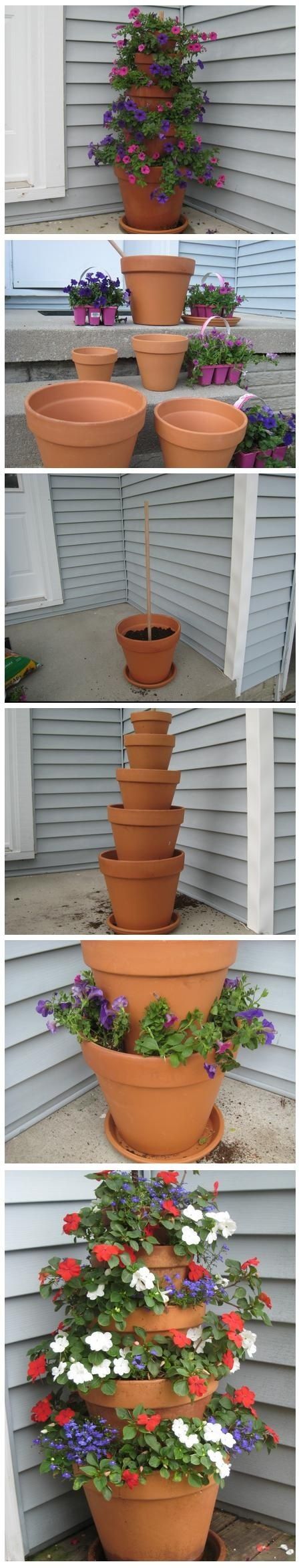 Terra Cotta Pot Flower Tower with Annuals